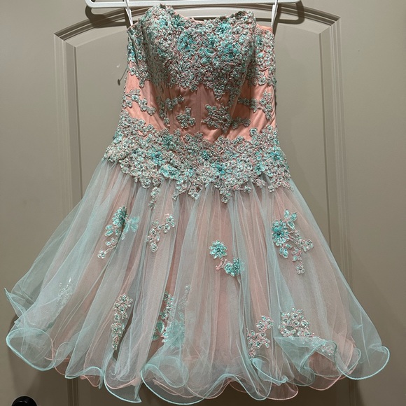Beautiful Sherri Hill dress. Aqua and peach with beautiful detail - Picture 3 of 3